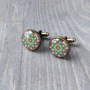 Glass Dome Cuff Links with Green Kaleidoscope Pattern, Antiqued-Bronze Plated